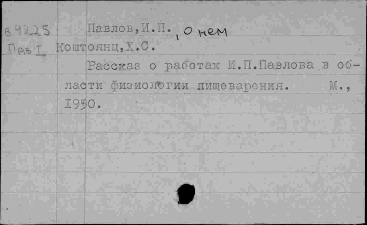 ﻿.а И 5	Пав л о в, И. П. о
1 П^ьТ, Коштоянц,X.С .	
Рассказ о работах И,П.Павлова в об-	
	ласти физиологии пищеварения.	И.,
	1950.
	
	
	
	
	